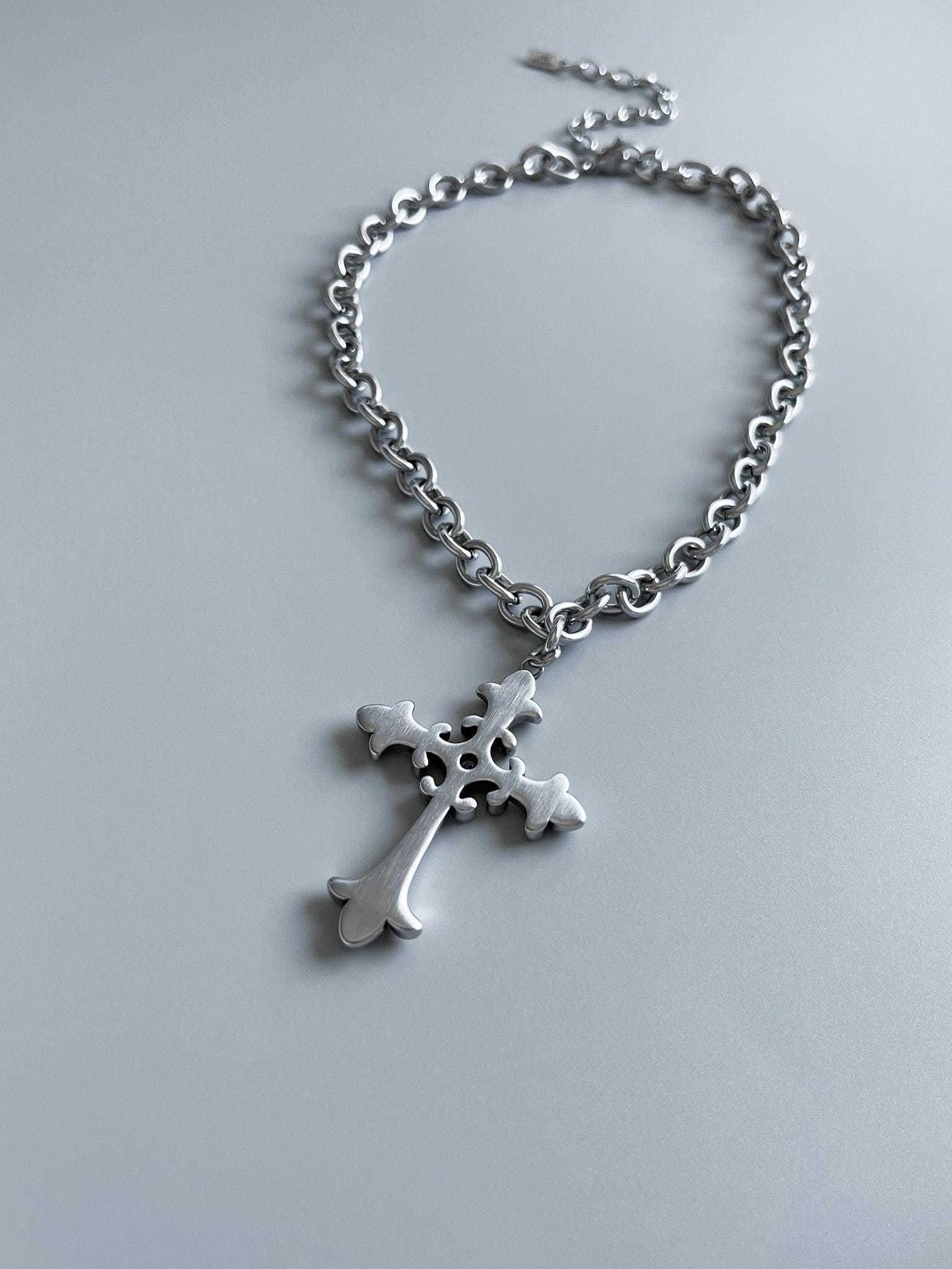 XL Stainless Steel Fleur Cross Pendant Necklace: CZ Stone