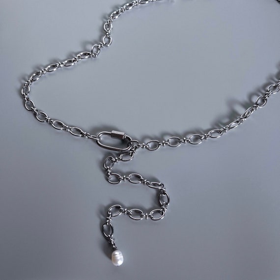 Oval Link Stainless Steel Belly Waist Chain Belt Carabiner Clasp Fully Adjustable Long Freshwater Pearl Silver Handmade Unisex Cold Shoulder Etsy Canada