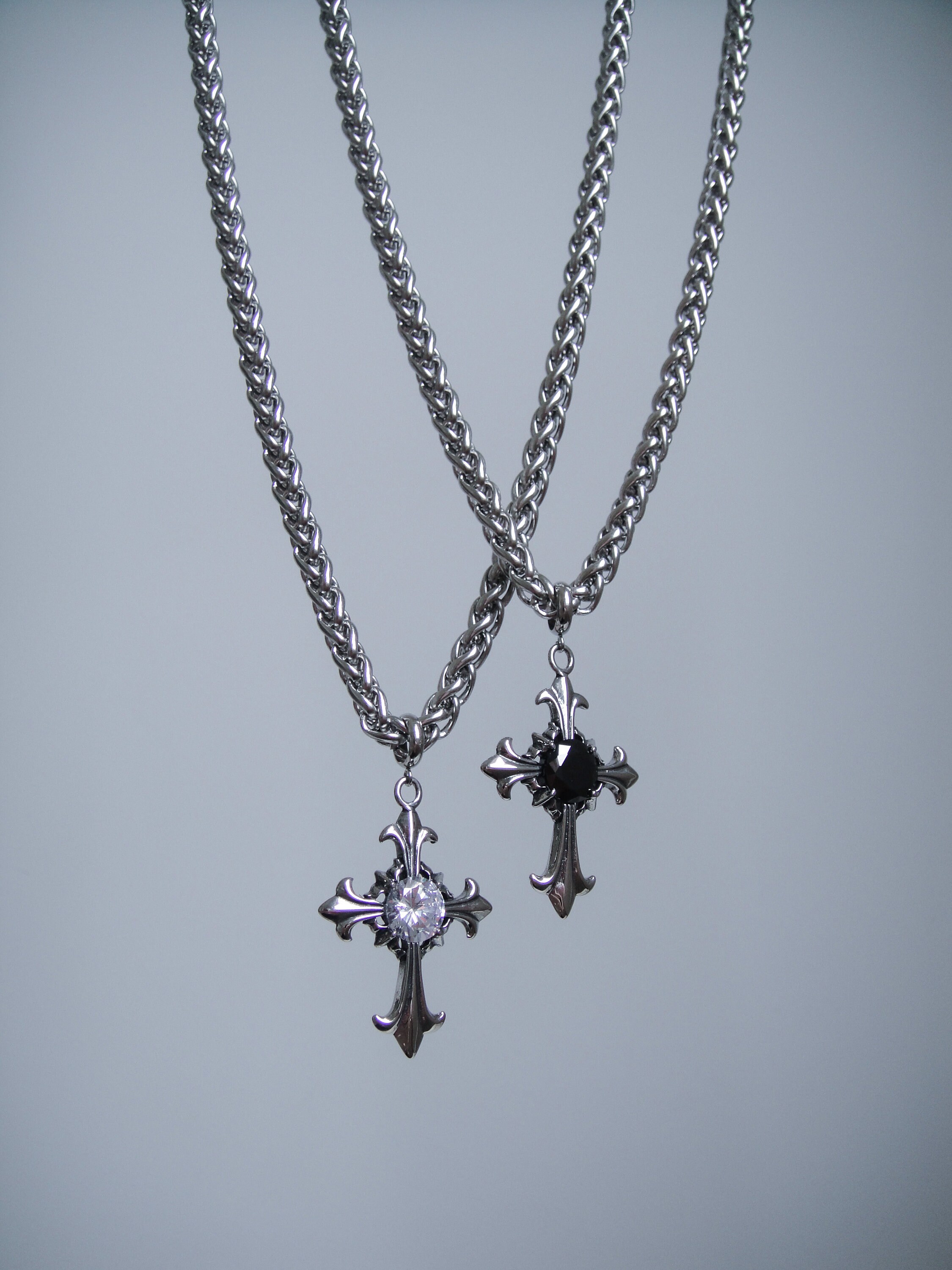 Fleur Cross Chain Link Necklace Stainless Steel CZ Stone