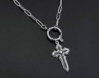 Gothic Cross Clasp Necklace: Stainless Steel Paperclip Chain Pendant