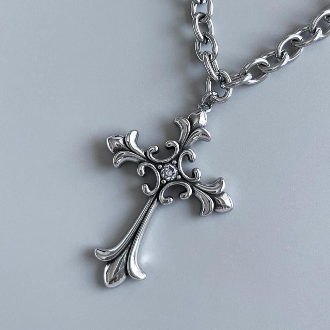 XL Stainless Steel Fleur Cross Pendant Necklace: CZ Stone