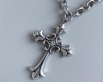 XL Stainless Steel Fleur Cross Pendant Necklace: CZ Stone, Handmade