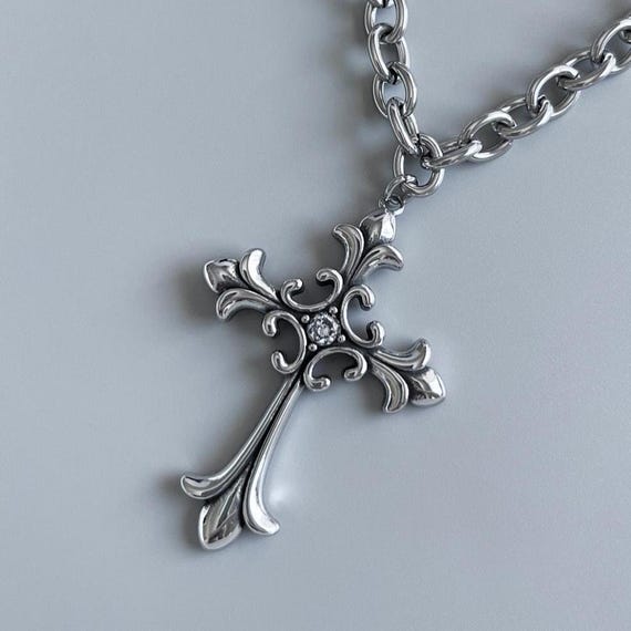 XL Stainless Steel Fleur Cross Pendant Necklace: CZ Stone