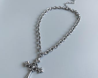 XL Stainless Steel Fleur Cross Pendant Necklace: CZ Stone