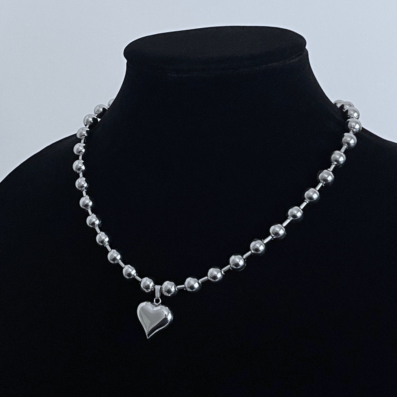 Silver Puffed Heart Ball Chain Choker Stainless Steel