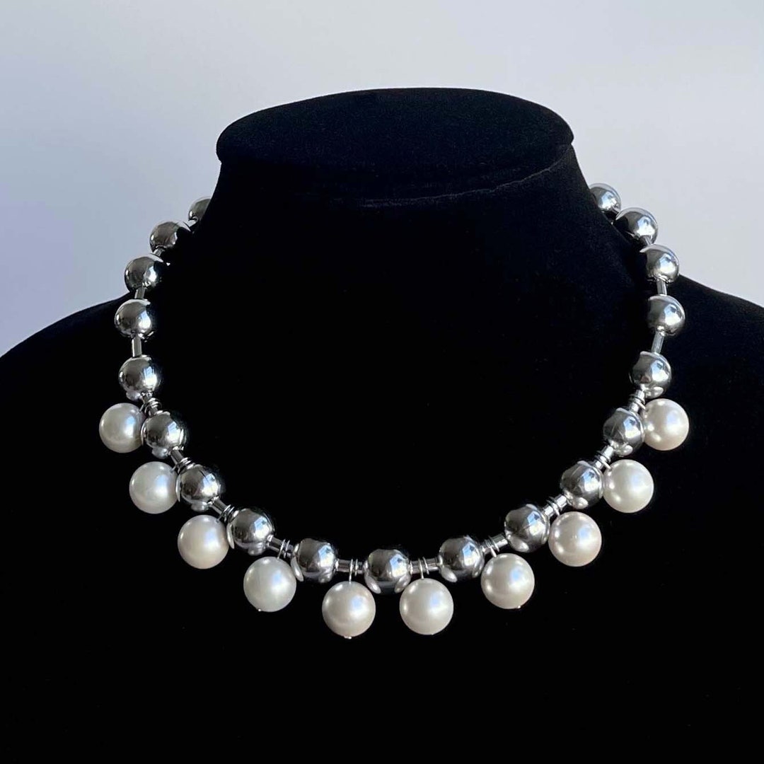 Oversized Pearl Ball Chain Choker Stainless Steel Silver Chain Hand