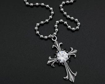 CZ Fleur Cross Necklace: Stainless Steel Ball Chain, Handmade