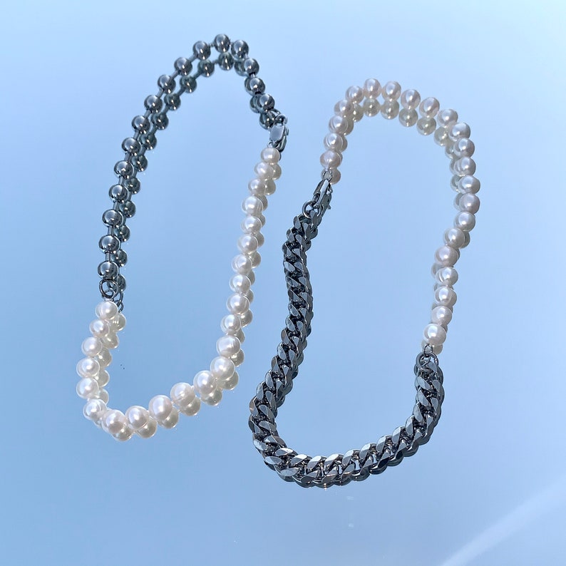 Freshwater Pearl Chain Ball Cuban Link Necklace Half Solid Etsy