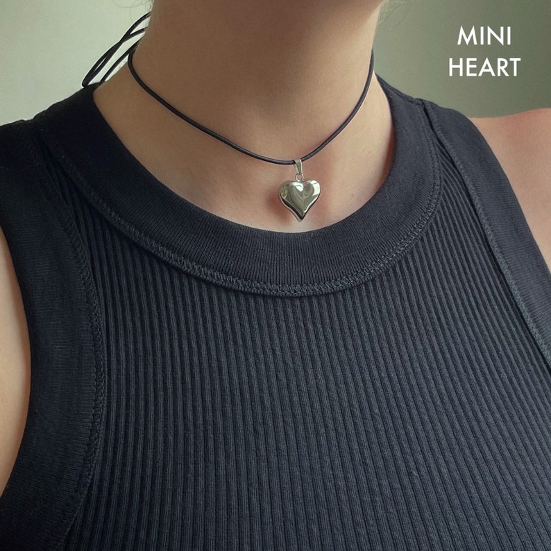 Handmade Stainless Steel Puffed Heart Necklace: Black Cord Choker - Etsy