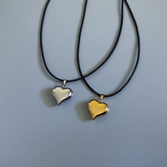 Mini Puffed Heart String Necklace Silver or Gold Black Cord
