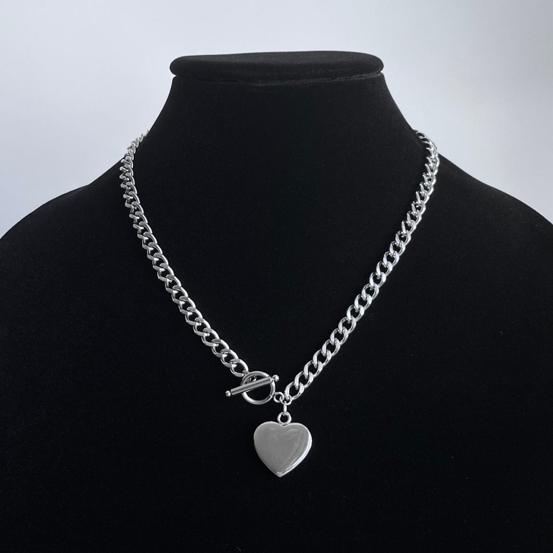 Solid Heart Pendant Toggle Cuban Link Chain Necklace Stainless Steel