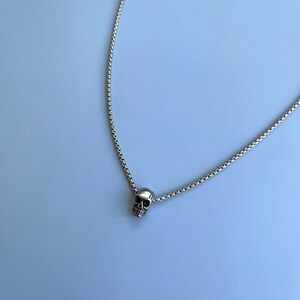 Puede incluir: Un collar de cadena de plata con un peque&ntilde;o colgante de calavera detallado.