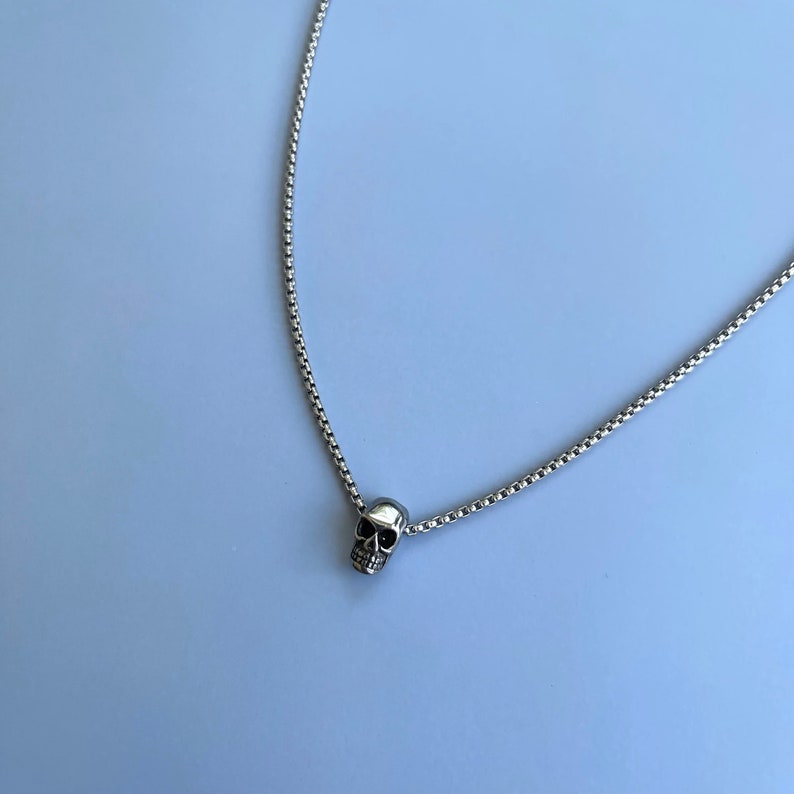 Puede incluir: Un collar de cadena de plata con un peque&ntilde;o colgante de calavera detallado.