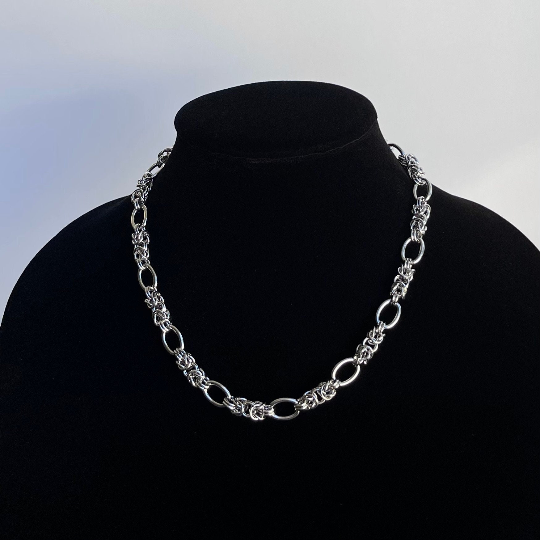Woven Oval Mix Chain Link Necklace Silver Stainless Steel