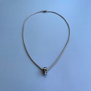 Puede incluir: Un collar de cadena de plata con un peque&ntilde;o colgante de calavera de plata.
