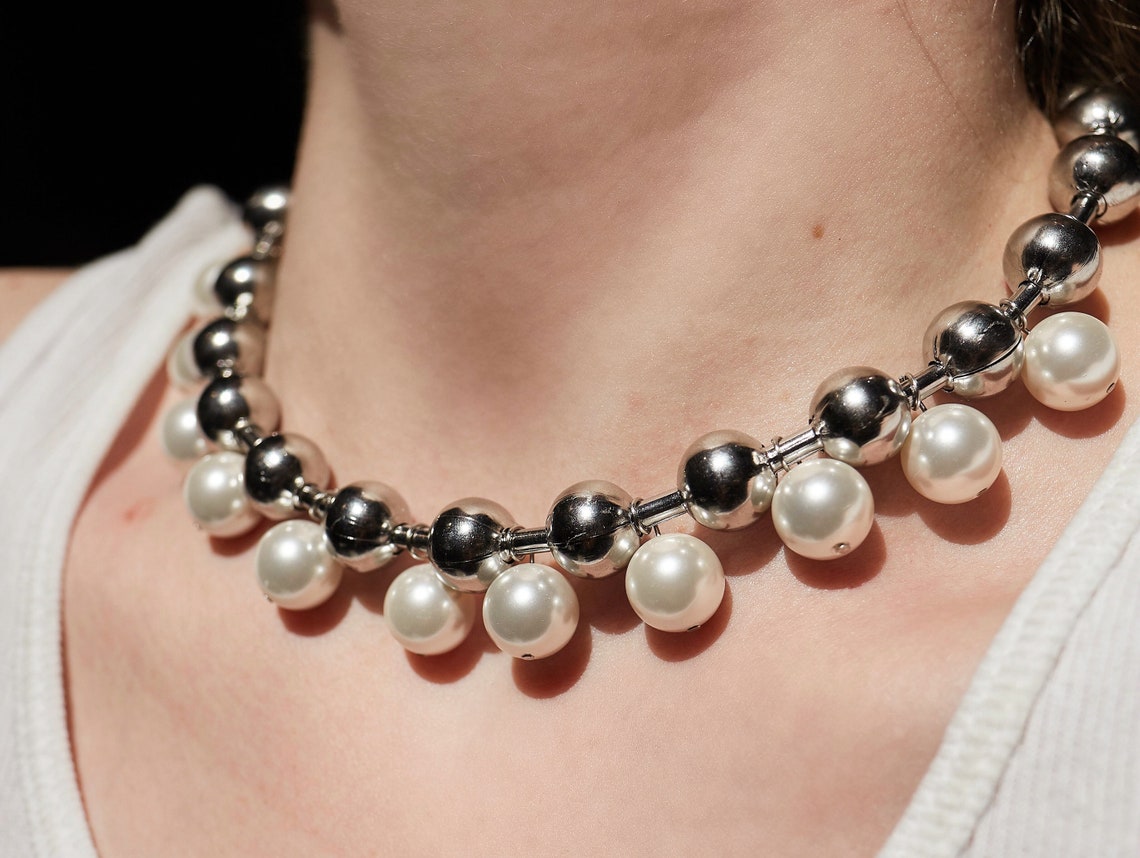 PEARL BALL CHAIN // Stainless Steel Ball Link Chain Etsy