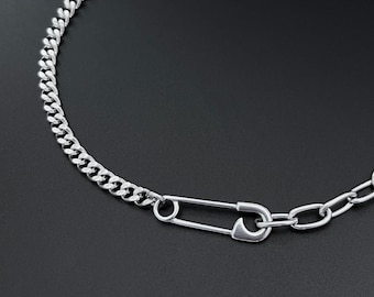 Stainless Steel Safety Pin Chain Necklace: Handmade Grunge Pendant