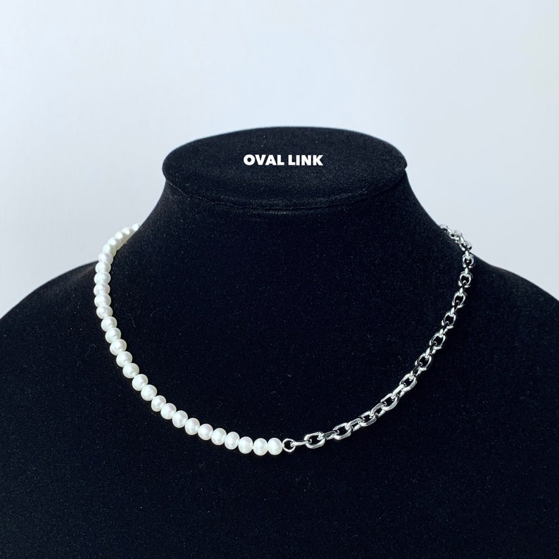 Mini Freshwater Pearl Chain Stainless Steel Necklace Choker Silver Custom Length Handmade Unisex Mens Real Jewelry Cold Shoulder LA Oval Link