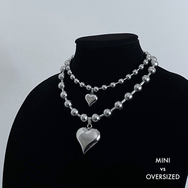 Silver Puffed Heart Ball Chain Choker Stainless Steel Necklace Etsy