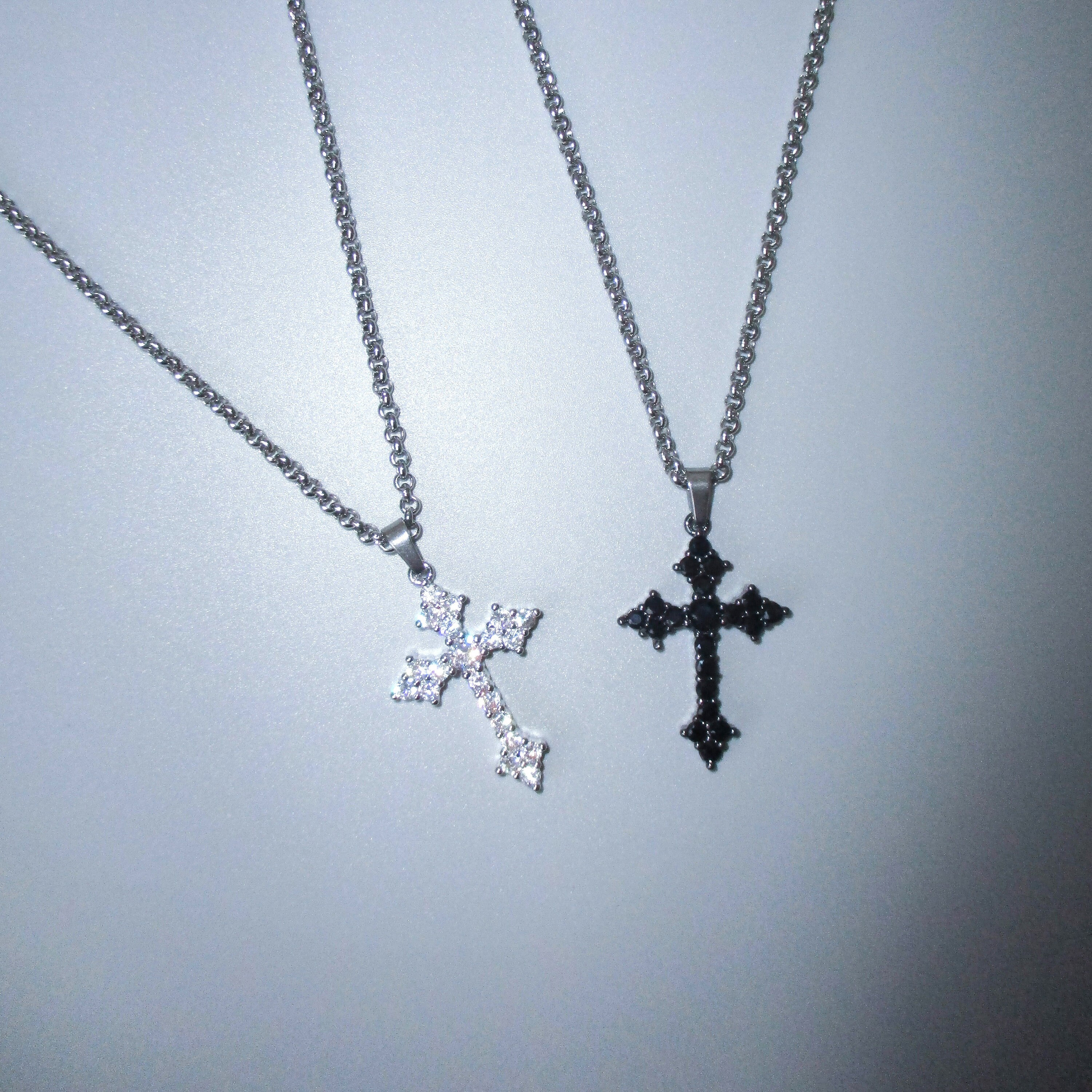 CZ Gothic Cross Chain Link Necklace Stainless Steel Crystal Diamond Black Pendant Silver Tarnish-Proof Handmade Unisex Jewelry Cold Shoulder