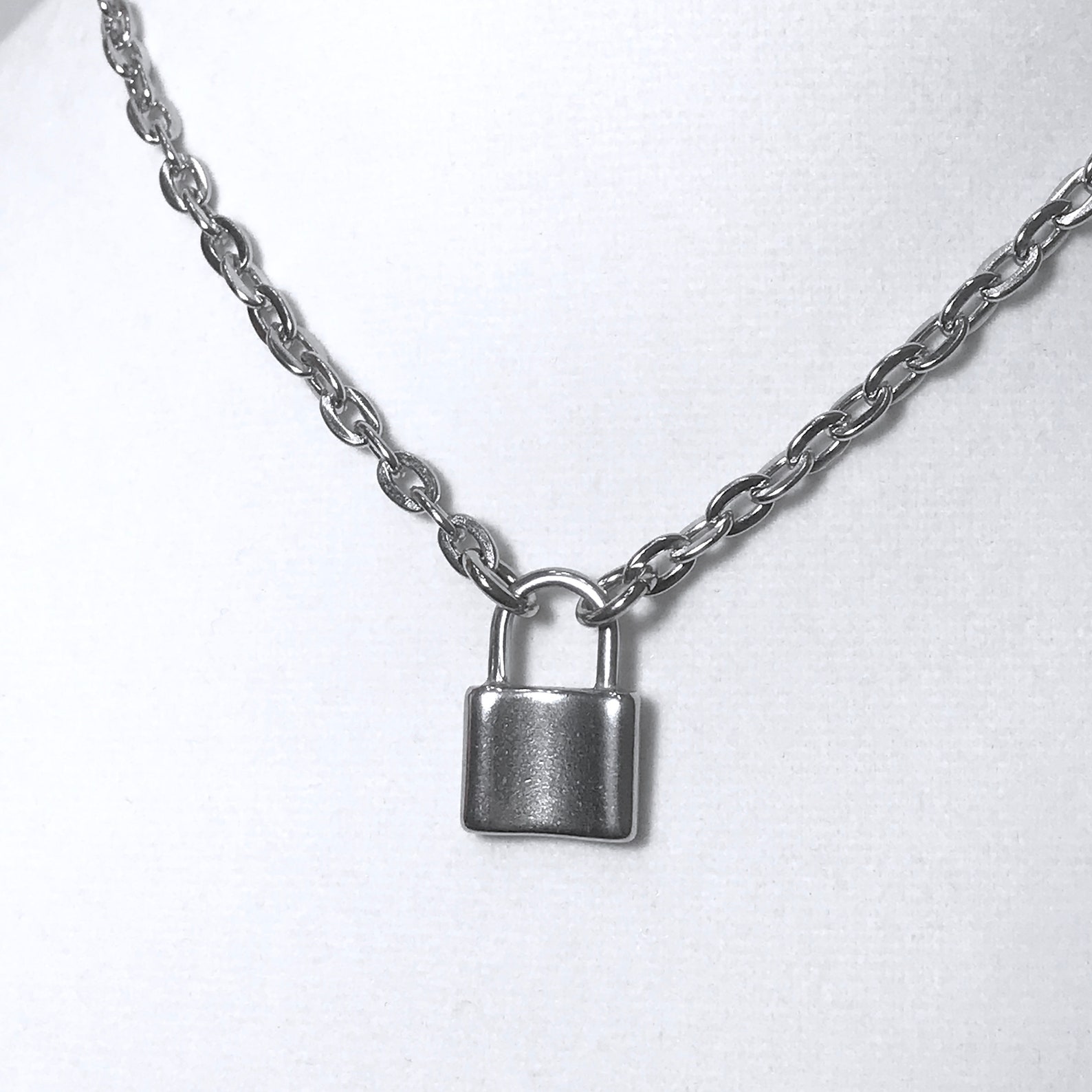 Silver Padlock Necklace Stainless Steel Oval Chain Link Lock Pendant