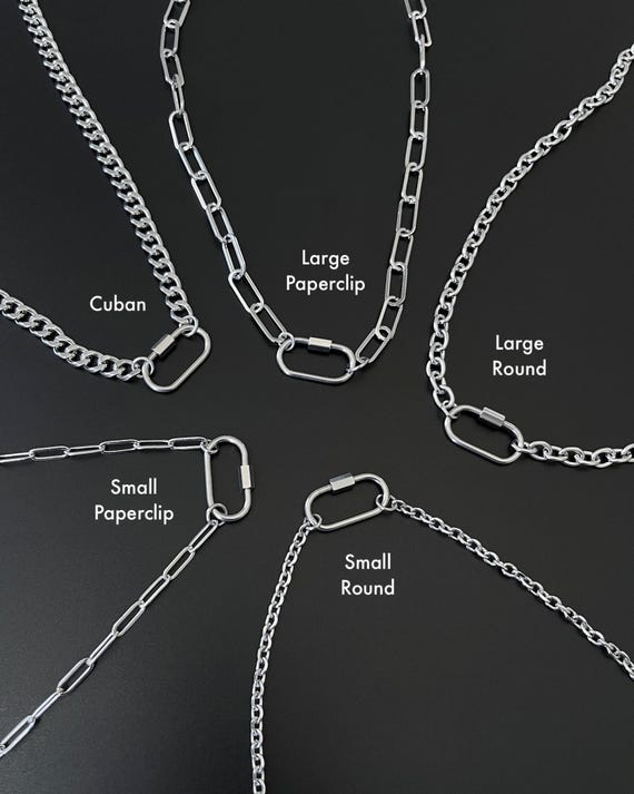 Carabiner Clasp Chain Charm Necklace: Handmade Stainless Steel