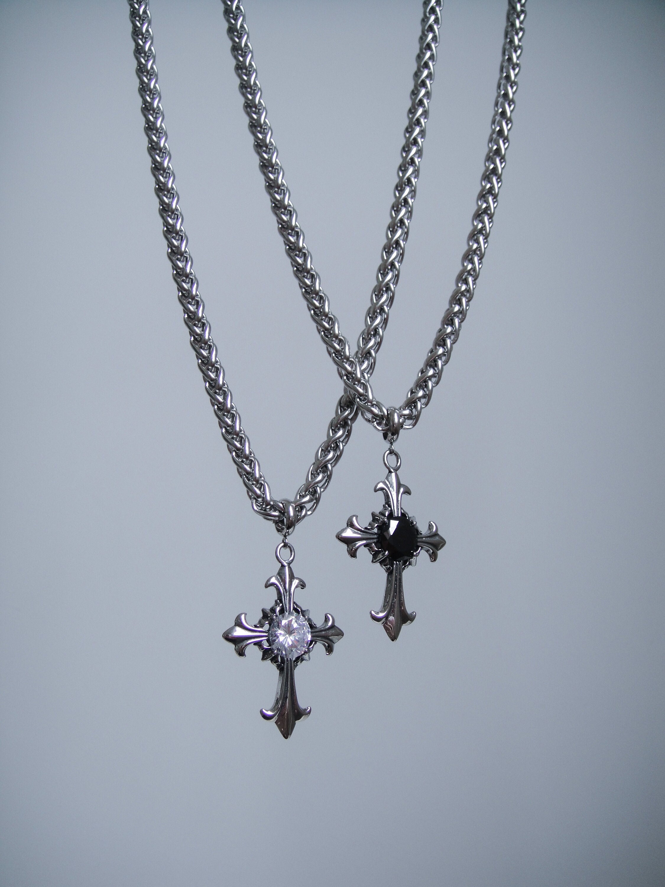 Fleur Cross Chain Link Necklace Stainless Steel CZ Stone