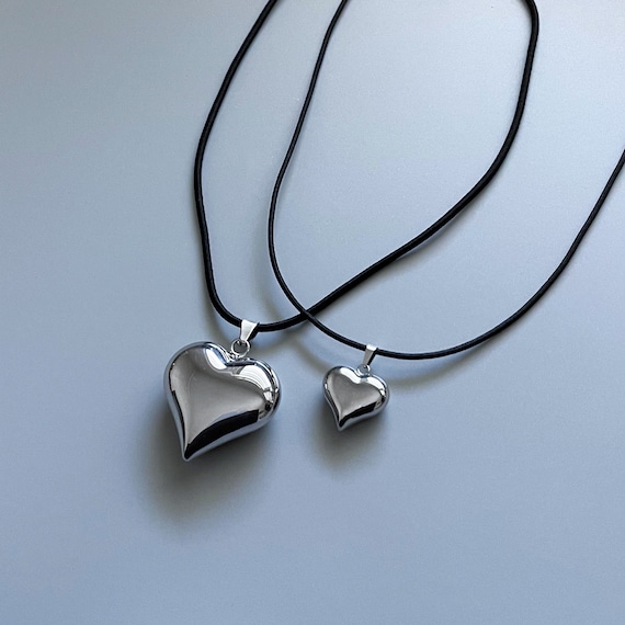 Mini or XL Silver Puffed Heart String Necklace Black Cord Long Wrap Tie  Choker Stainless Steel 3D Puffy Pendant Handmade Unisex Jewelry 