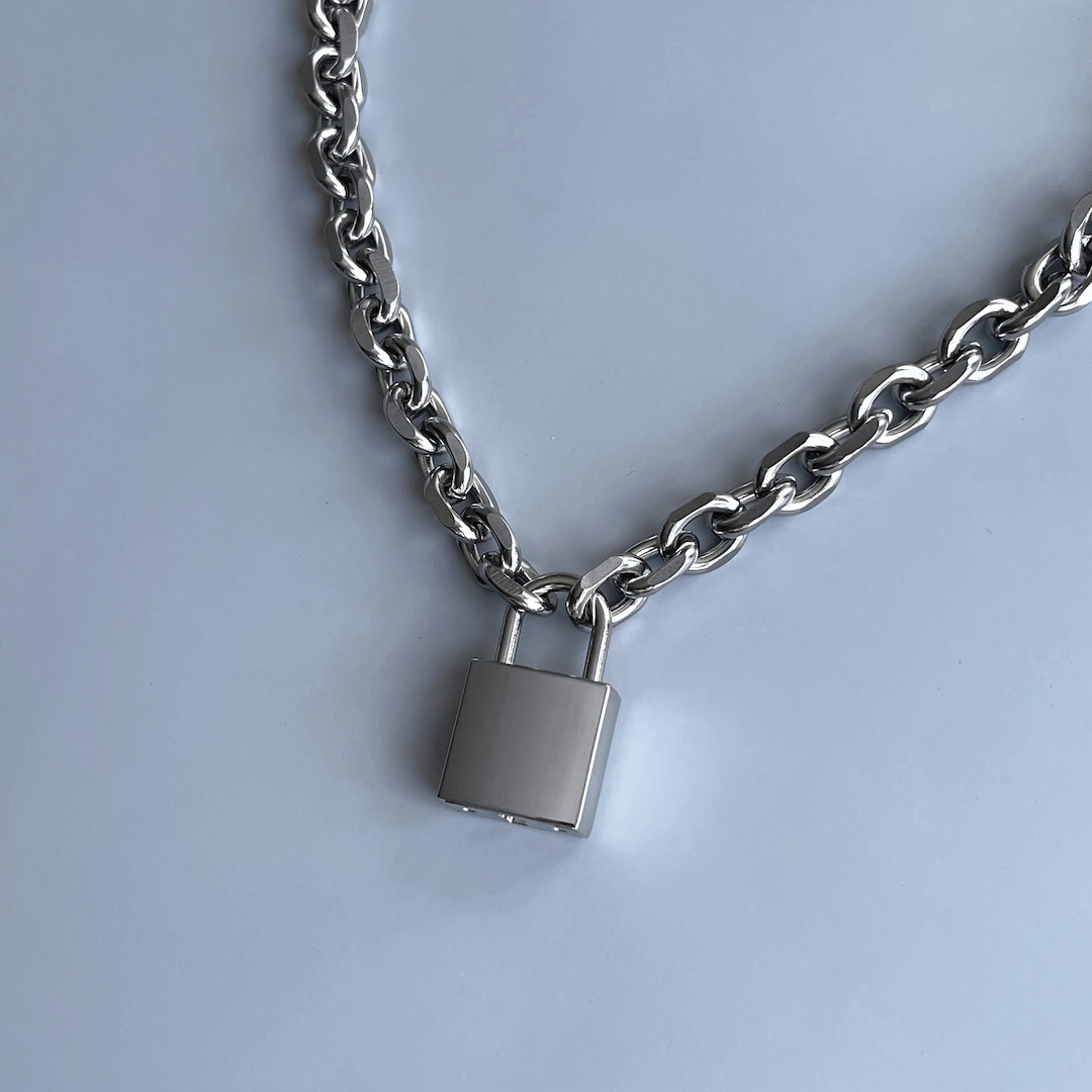 Oversized Padlock Necklace Solid Stainless Steel Chain Silver 