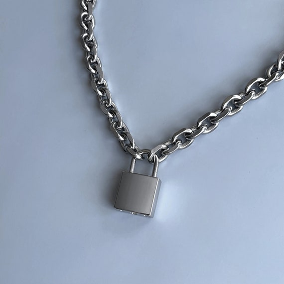 Stainless Steel Chain Necklace Lock Key Pendant Necklace Couple Padlock Necklace, Kids Unisex, Size: One size, Silver