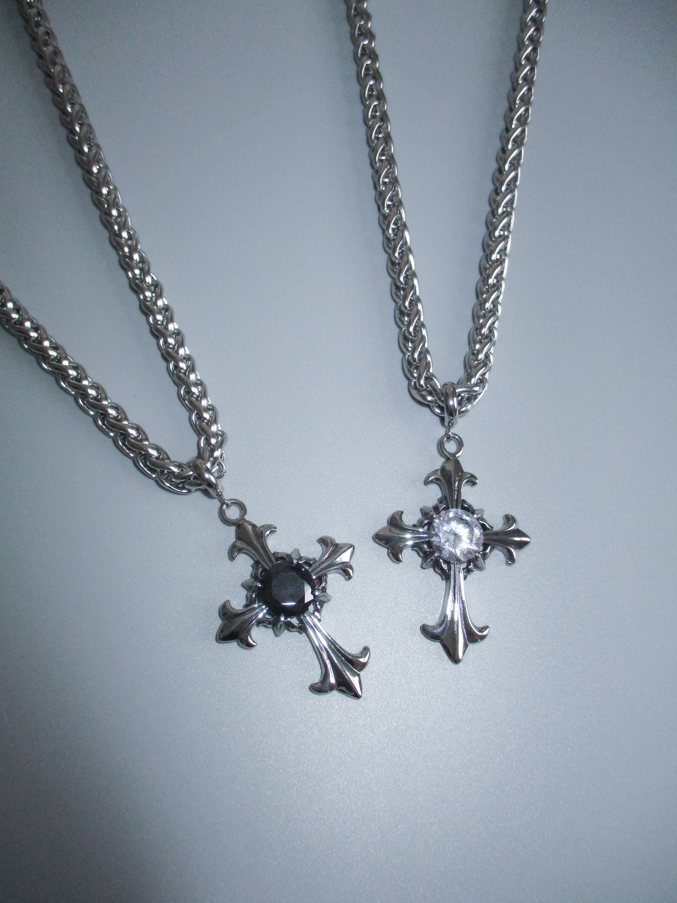 Fleur Cross Chain Link Necklace Stainless Steel CZ Stone Fleur Cross Chain Link Necklace Stainless Steel CZ Stone