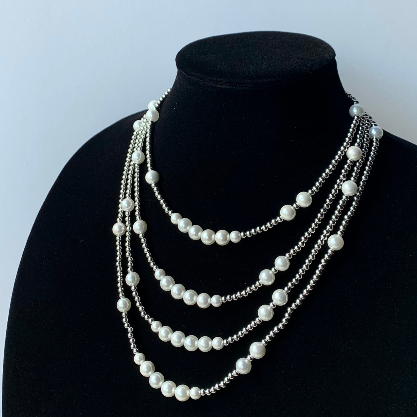 Pearl Stainless Steel Bead Necklace Choker Chain Silver Etsy