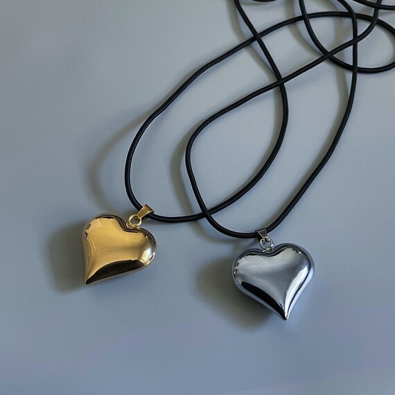 Puffy Heart Necklace - Gold/Black