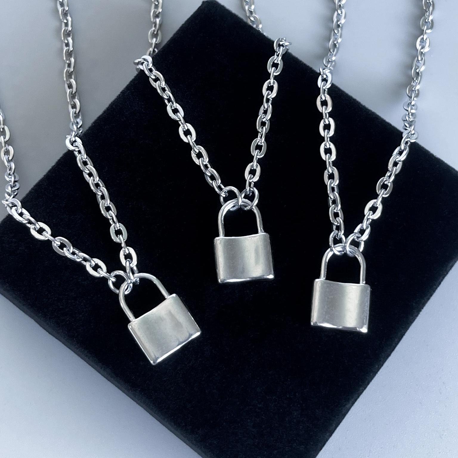 Silver Lock Necklace Stainless Steel Oval Chain Link Mini