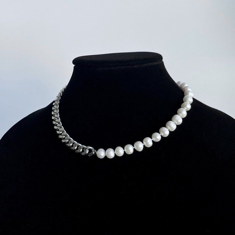 Freshwater Pearl Chain Ball Cuban Link Necklace Half Solid Stainless Steel Choker Unisex Mens Handmade Jewelry 