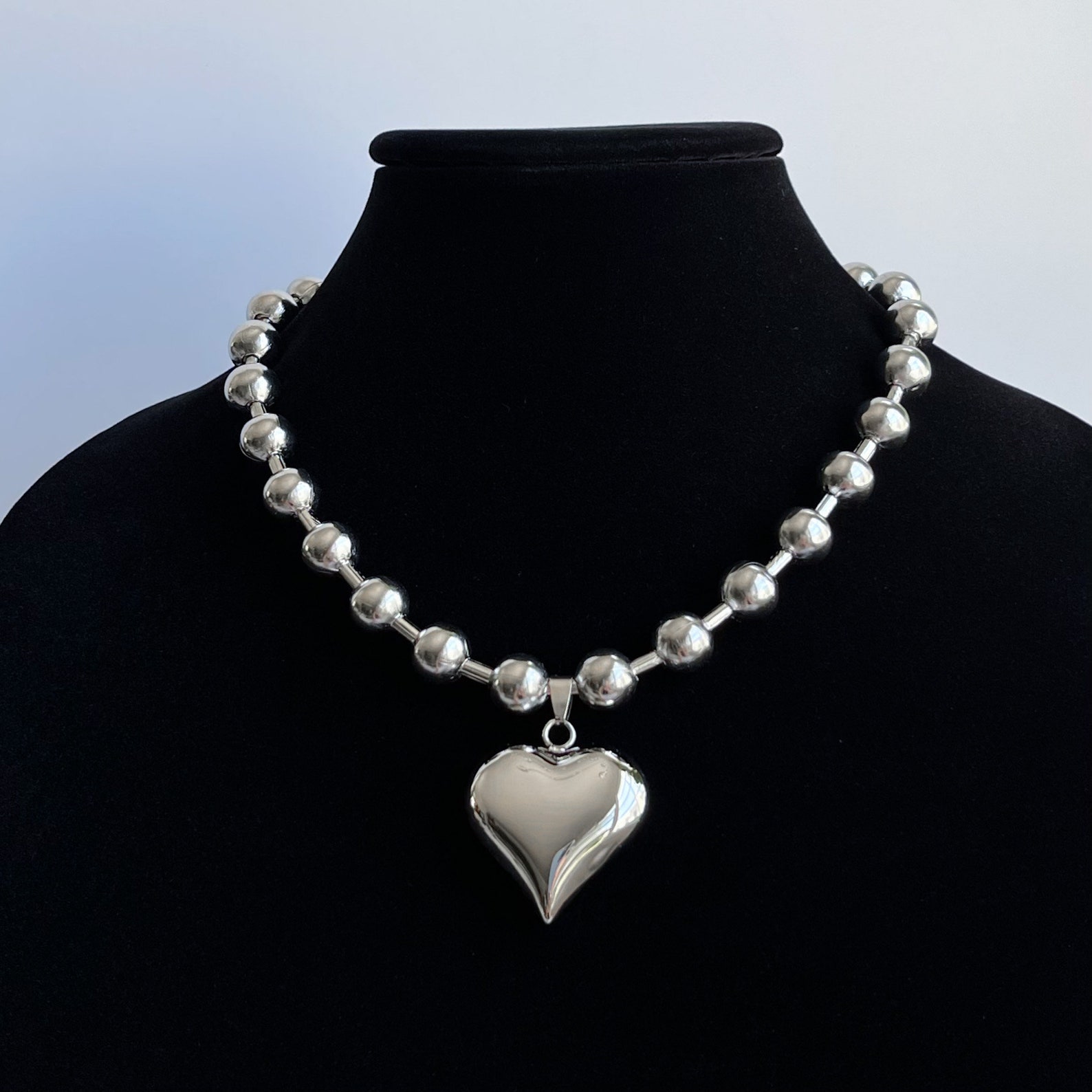 Oversized Puffed Heart Ball Chain Choker Stainless Steel Etsy