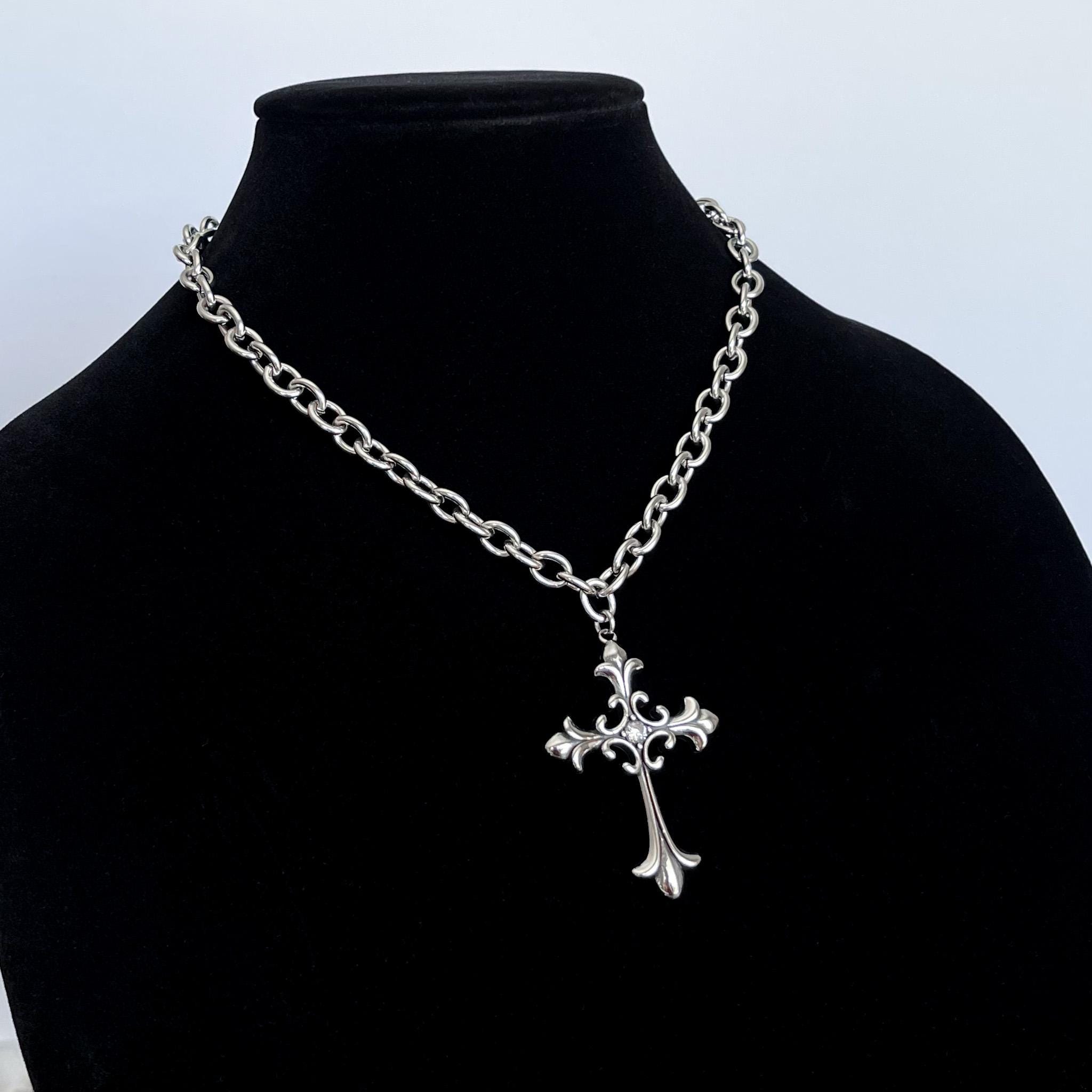 XL Stainless Steel Fleur Cross Pendant Necklace: CZ Stone