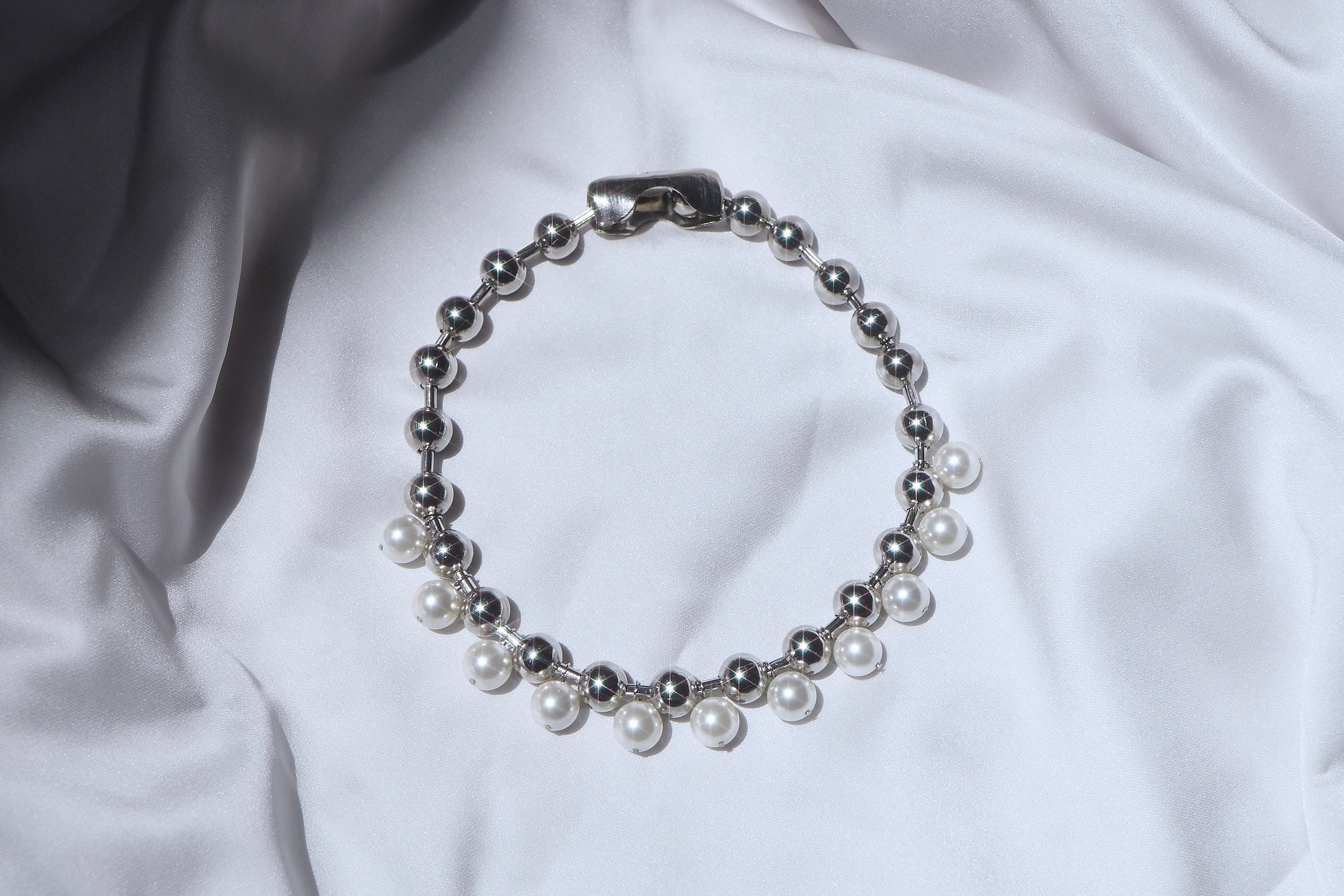 Oversized Pearl Ball Chain Choker Stainless Steel Silver Chain Etsy