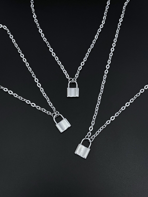 Mini Lock Necklace Silver Stainless Steel Oval Chain Link