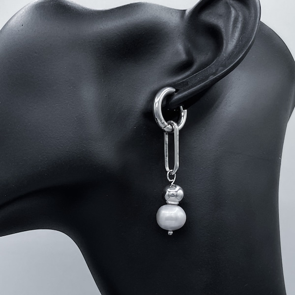 Silver Ball Freshwater Pearl Drop Mini Hoop Chrome Ball Earrings Stainless Steel Hypoallergenic Pair Unisex Handmade Cold Shoulder LA