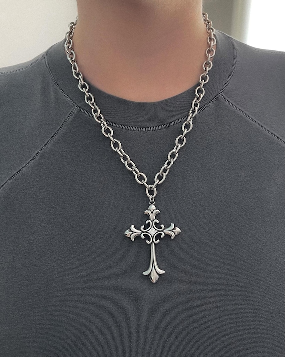 XL Stainless Steel Fleur Cross Pendant Necklace: CZ Stone
