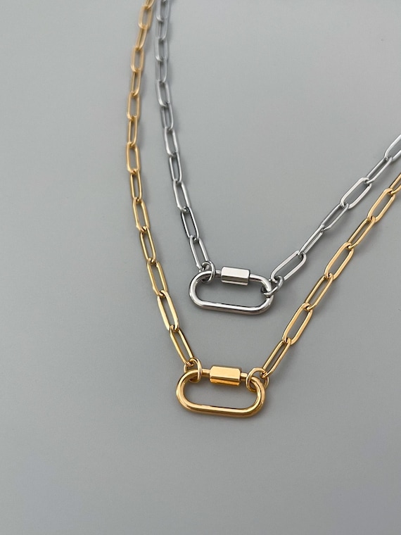 Mini Carabiner Paperclip Chain Necklace: Stainless Steel, Handmade