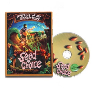 May include: DVD case and disc for the film "Seed of Choice: A parable of our modern times". The case features a colorful illustration of a man in a costume, butterflies, and a sign with the film title. The disc has a similar design with the film title and "English Feature Film" text.