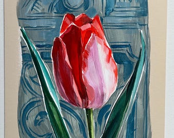 9”x12” Red Tulip and Portuguese mural Study -  Acrylic on Paperboard - Original Art by Siloe Oliveira