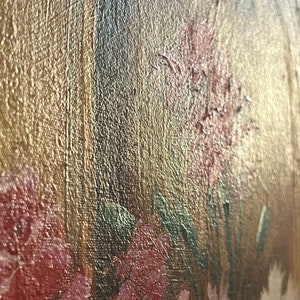 May include: Close-up of an oil painting featuring a bouquet of pink and white flowers with green leaves. The flowers are painted with thick brushstrokes, creating a textured effect.