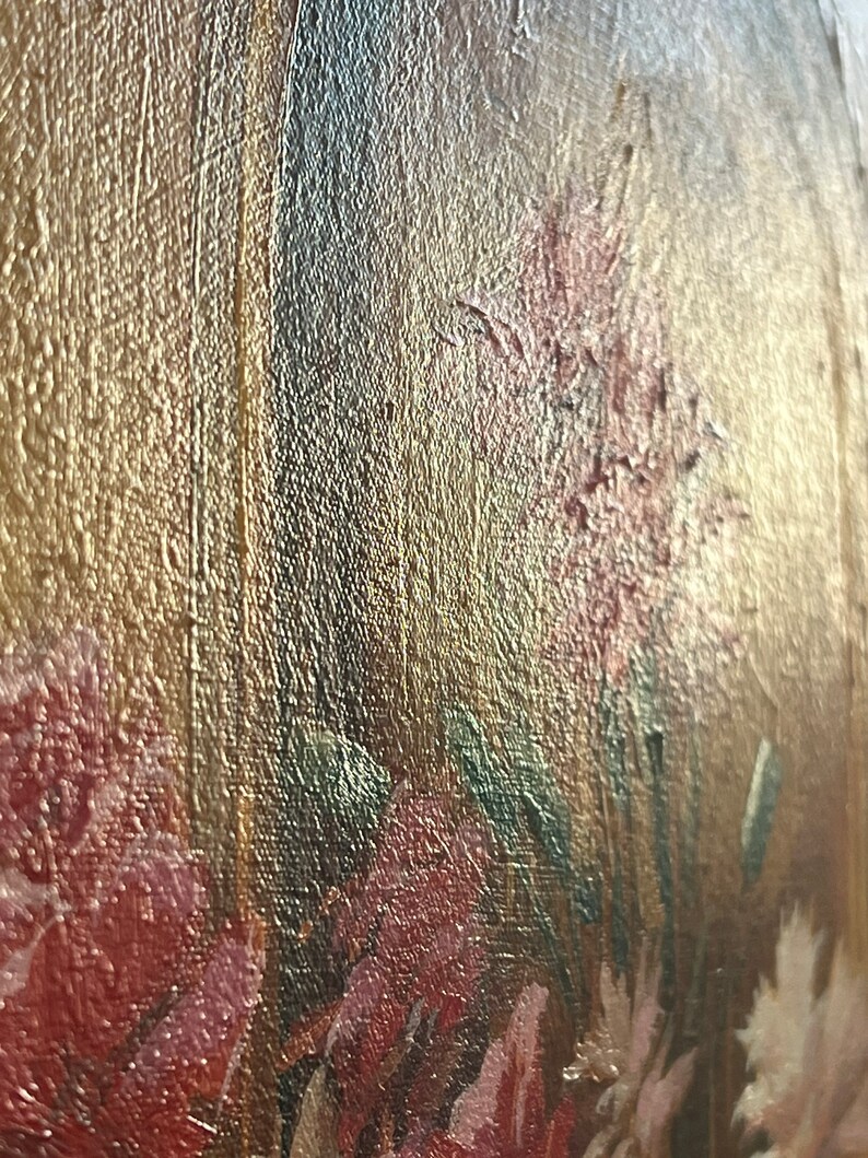 May include: Close-up of an oil painting featuring a bouquet of pink and white flowers with green leaves. The flowers are painted with thick brushstrokes, creating a textured effect.