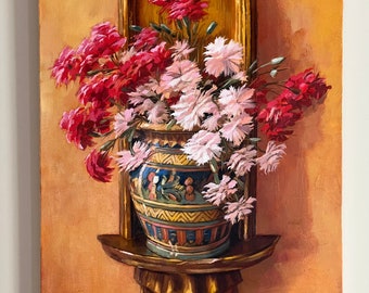 34”x22” Carnations on a Vase - Oil on Canvas - Original art by Siloe Oliveira