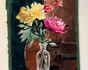 13"x18 » Fleurs et violon - Acrylique sur papier fait main - Art original par Siloe Oliveira