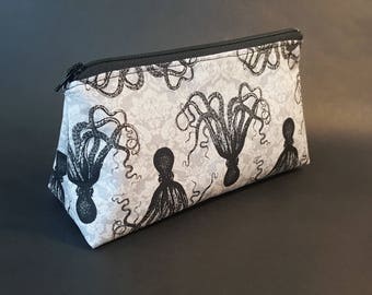 Octopus Damask Zippered Pouch / Small Grey and Black Nautical Makeup Bag / Steampunk Cosmetic Bag