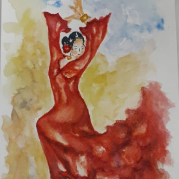 Danseuse flamenco peinture aquarelle sur papier original moderne-art danseuse gitane rouge original-art oriental mural cadeau de crémaillére